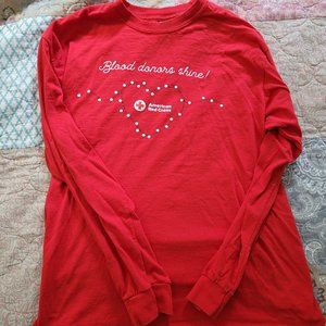 Vintage American Red Cross Long Sleeve T Shirt Mens Size L Red 100% Cotton